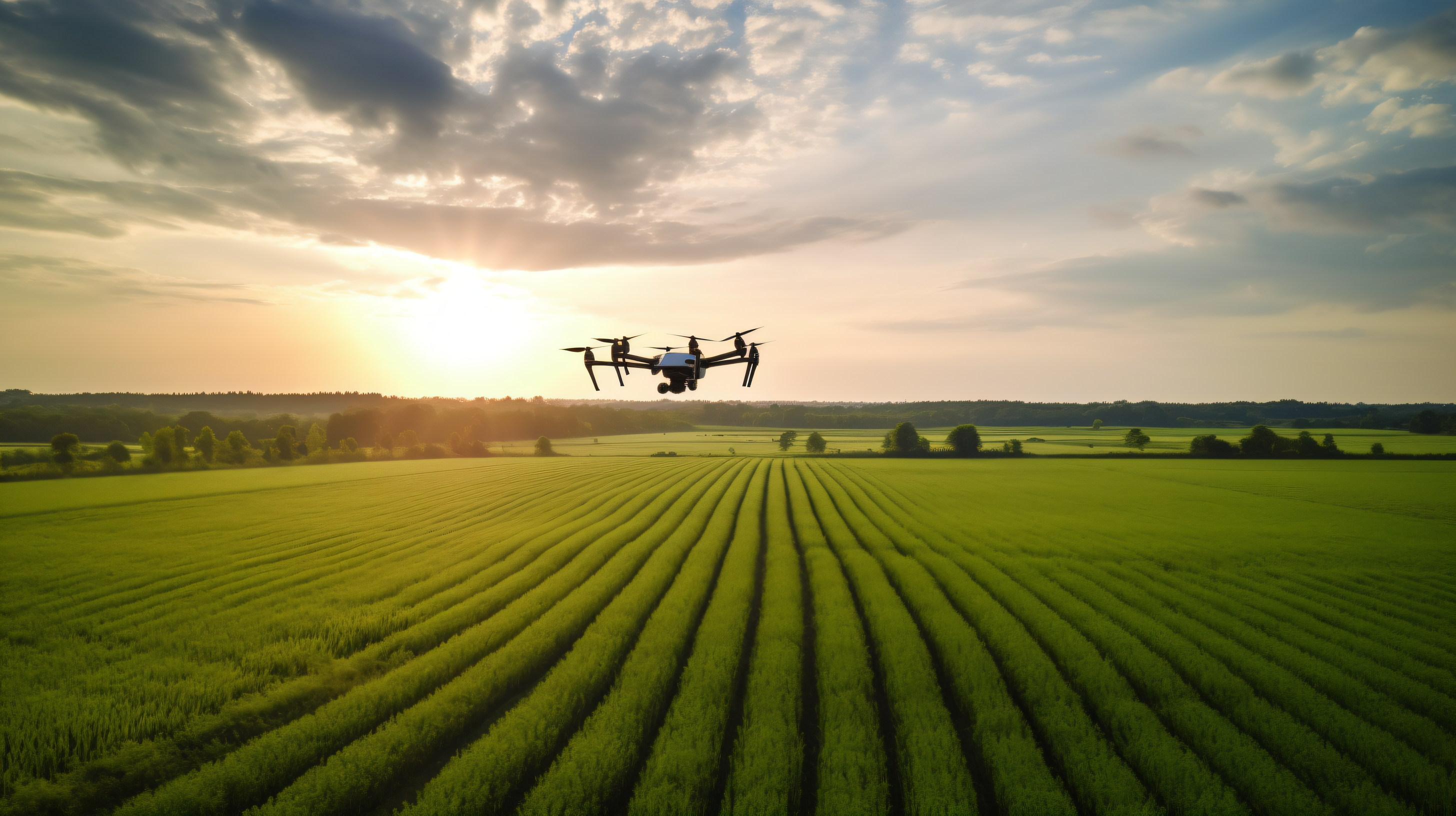 Drone agrícola em operação sobre lavoura